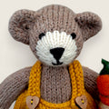 Close-up of Alder Finch handmade collectible knitted bear showing hand-embroidered facial details.