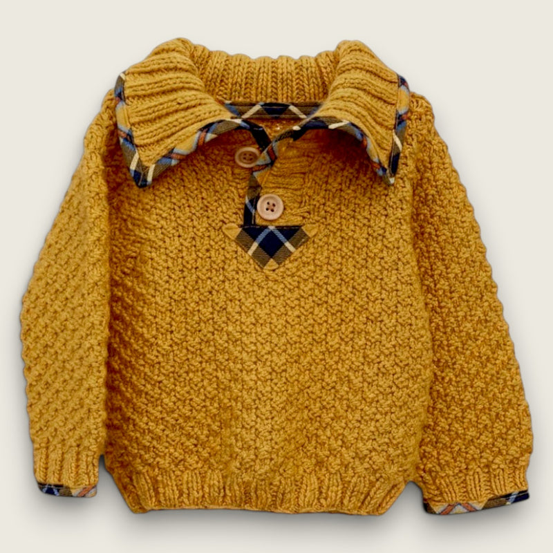 Handknitted mustard alpaca and wool children's jumper with tartan collar and cuff trim, handmade in the Boyne Valley, Ireland.