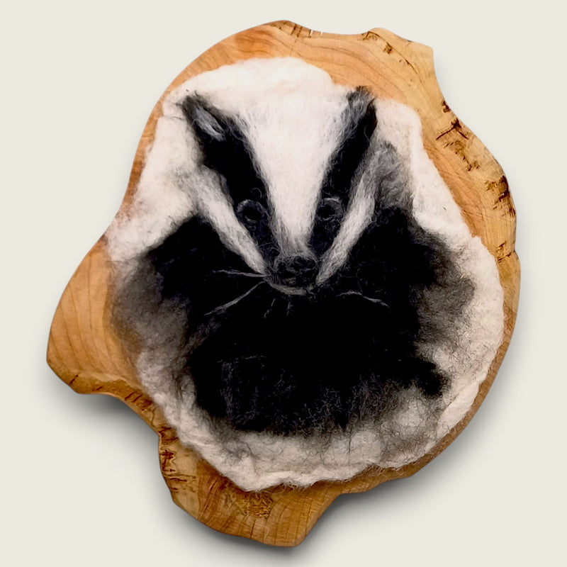 Dara needle felted badger in natural merino wool mounted on cherry timber, handmade in the Boyne Valley, Ireland.