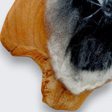 Dara needle felted badger wall art showing natural cut edge and timber grain of cherry wood mount - Boyne Valley Ireland