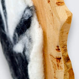 Dara needle felted badger wall art close up showing natural cherry timber grain and organic wood texture - one of a kind Irish fibre art