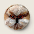 Hand needle-felted eagle owl fibre art handcrafted from natural merino, Corriedale and tussah silk fibres, mounted in a hand-finished wooden bowl in the Boyne Valley, Ireland.