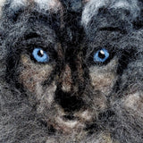 Faela needle felted wolf face wall art close up detail showing merino wool texture and expressive wolf face - handmade in Co. Meath Ireland