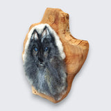 Faela needle felted wolf wall art left side view showing organic raw edges of cherry timber mount - one of a kind Irish fibre art