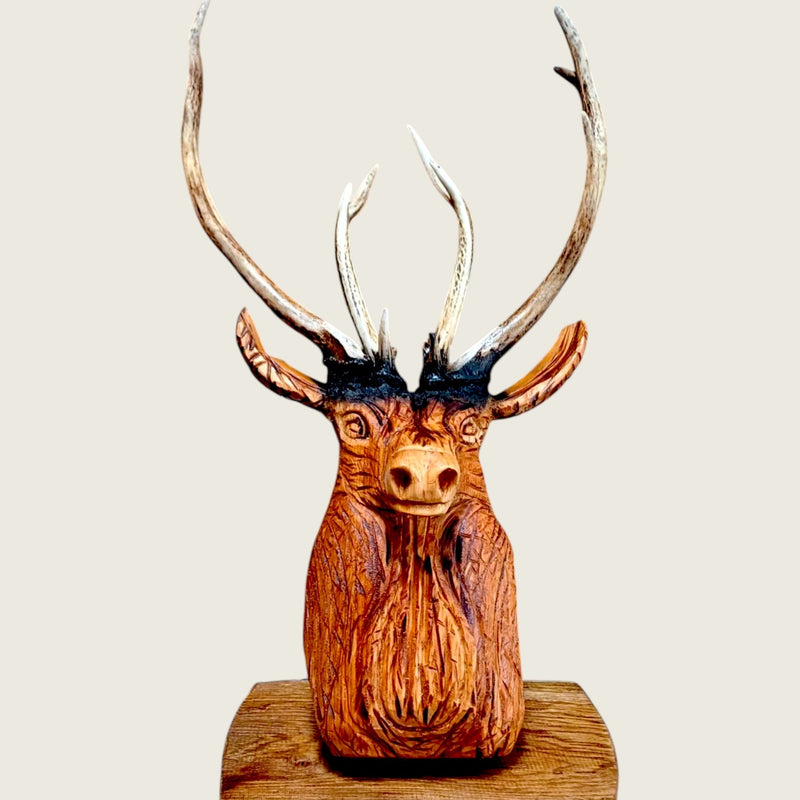 Hand carved lime wood stag with real antlers on an oak base