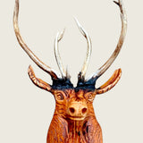 The stag's real antlers and carved ears above the scorched black crown