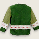 Rear view of Green merino toddler cardigan with red heart detail and check lining