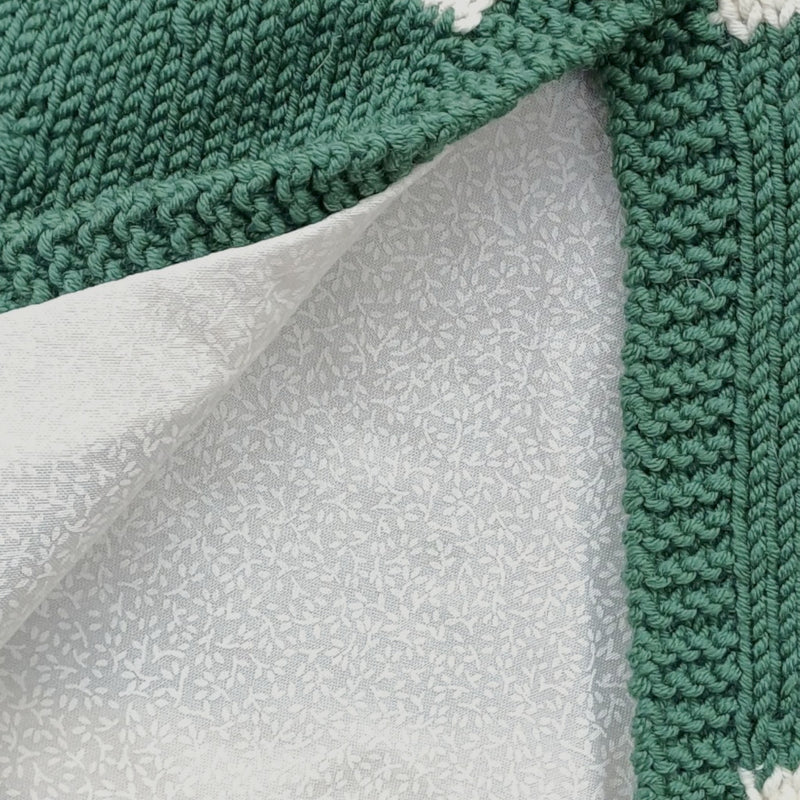 Close-up of cotton floral lining inside green merino wool capelet
