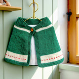 Green merino wool capelet displayed on hanger showing drape and shape