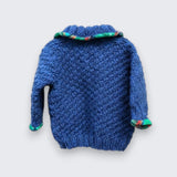 Hand knitted blue alpaca wool baby jumper back view - alpaca wool blend, handmade in the Boyne Valley Co. Meath Ireland by The Crafty Pebblers