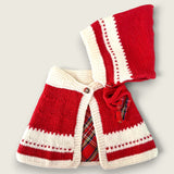 Red and ivory handknitted merino baby capelet and bonnet set with tartan lining.