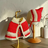 Handknitted red and ivory merino wool baby capelet and pixie bonnet.