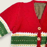 Red merino baby cardigan with check neckline and wooden button detail
