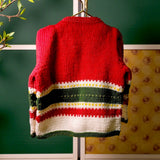 Back view of red, green and white handknitted merino baby cardigan