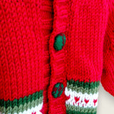 Close-up of red merino cardigan with tartan-covered buttons and heart detail