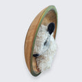 Needle felted sheep portrait side view showing depth of wooden bowl mount - locally sourced Bluefaced Leicester locks, handmade in Ireland
