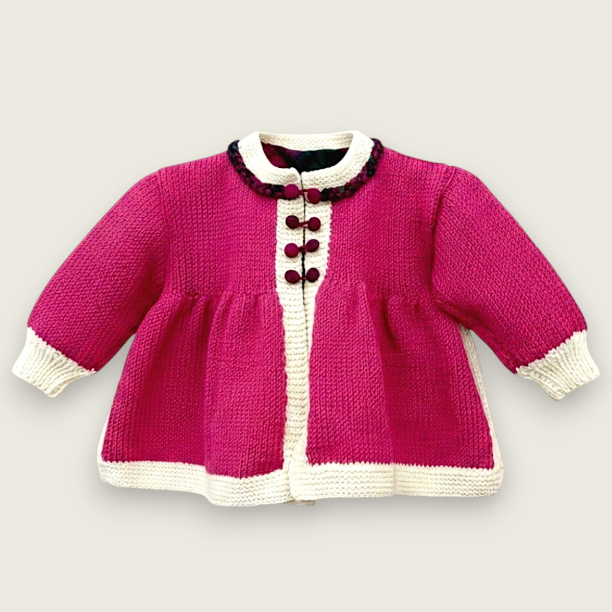 Magenta merino wool baby matinee coat with cream trim