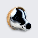 Needle felted badger wall art right side view - merino and Corriedale wool, wooden bowl mount, handmade in Ireland