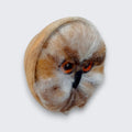 Needle felted eagle owl wall art right side view - natural wool, wooden bowl mount, handmade in Ireland