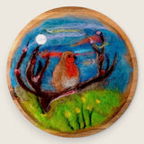 Needle felted wool picture of a robin in a flowering meadow, handcrafted in the Boyne Valley, Ireland and presented in a wooden frame.