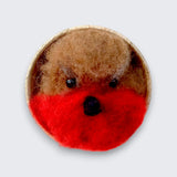 Needle felted robin wall art close detail view showing red breast and black bead eyes - natural wool, Ireland
