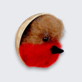 Needle felted robin wall art right side view - merino and Corriedale wool, wooden bowl mount, handmade in Ireland