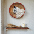 Needle felted sheep portrait in wooden bowl displayed in home interior - handmade Irish fibre art by The Crafty Pebblers
