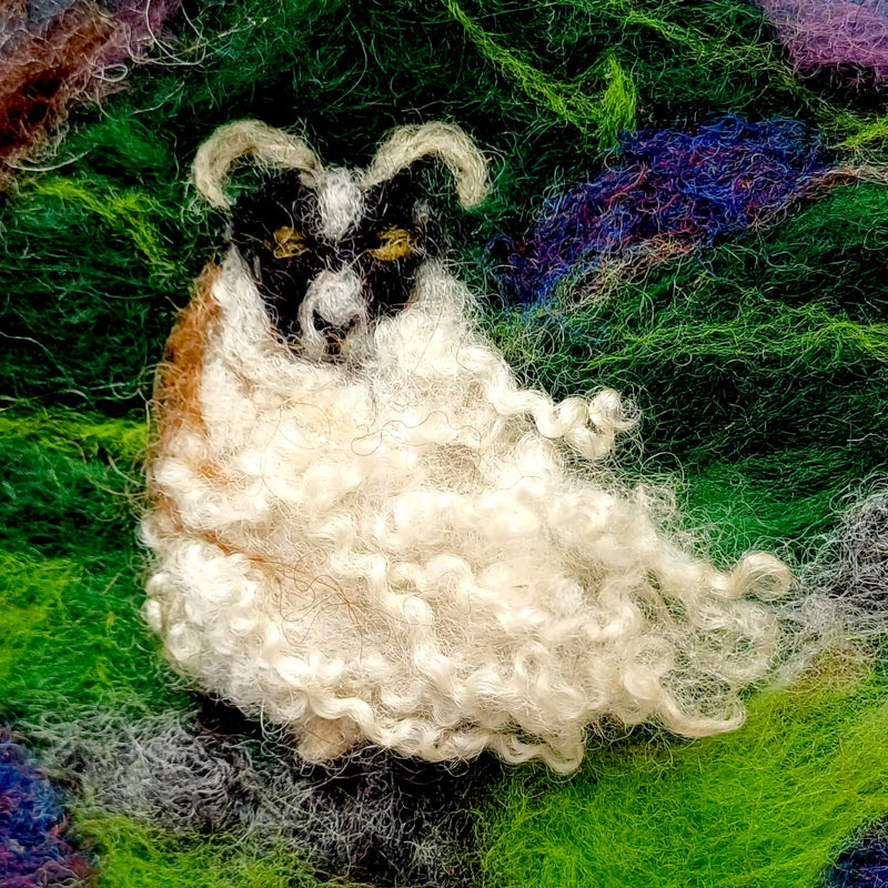Needle felted sheep wall art close up detail showing Bluefaced Leicester locks from Cornstown House - natural wool, Co. Meath Ireland
