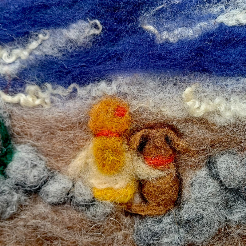 Needle felted wool picture close up detail showing girl and dog on beach in natural wool and Bluefaced Leicester locks - Co. Meath Ireland
