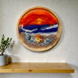 Needle felted wool picture of girl and dog watching sunset displayed in home interior - handmade Irish fibre art by The Crafty Pebblers