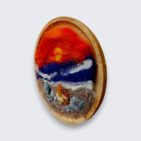 Needle felted wool picture of girl and dog watching sunset side view showing depth of wooden plate - natural wool, handmade in Ireland