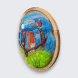 Needle felted wool picture of robin in flowering meadow side view showing depth of wooden plate - natural wool, handmade in Ireland