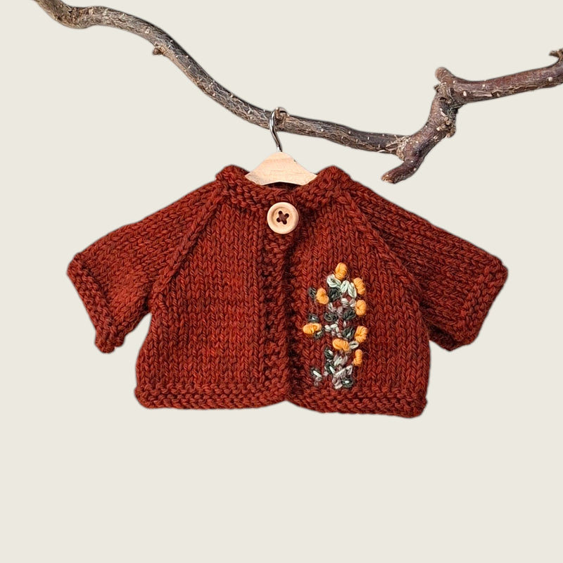 Dark rust wool cardigan for collectible bears with hand embroidered wildflowers