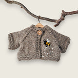 Fawn wool cardigan for collectible bears with hand-embroidered bee and flight path