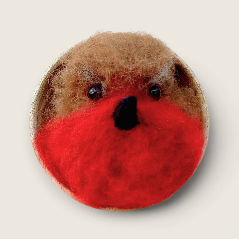 Hand needle felted robin wall art in a wooden bowl, handmade in Ireland using natural merino and Corriedale wool.