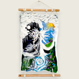Needle felted wall hanging of the Cailleach between winter and spring