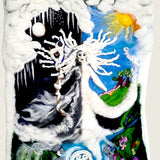 The winter half with moon and icicles beside the spring half with sun and green