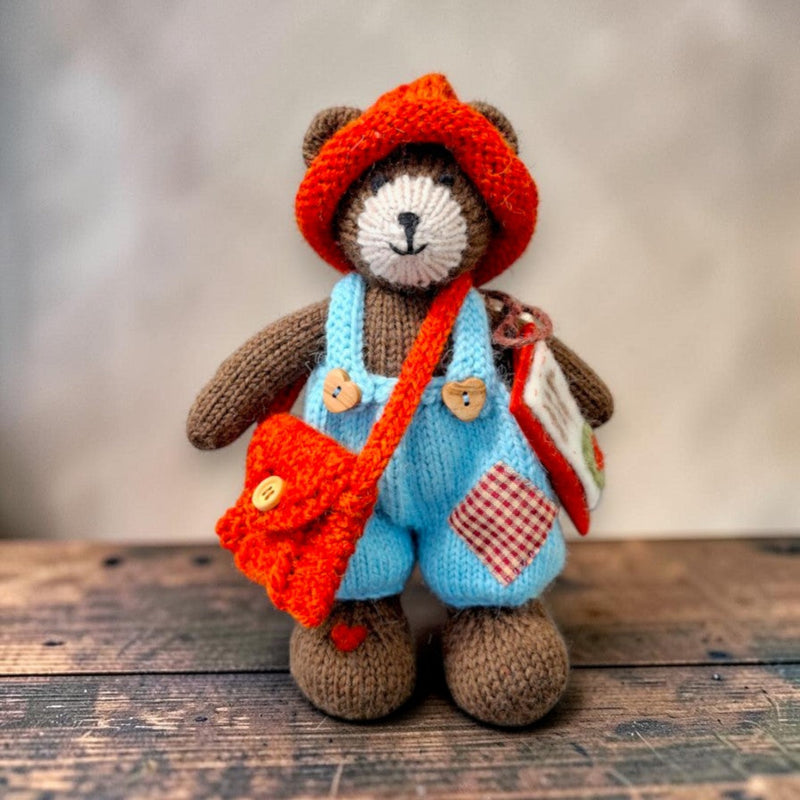 Thorne Ash, Pebblewood Village Messenger, displayed with his hand-knitted clothing, satchel and handmade felt envelope and letter.